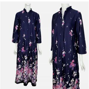 VINTAGE 70s DAVID BROWN Caftan  Dress Blue Floral Print Bell Sleeves house coat